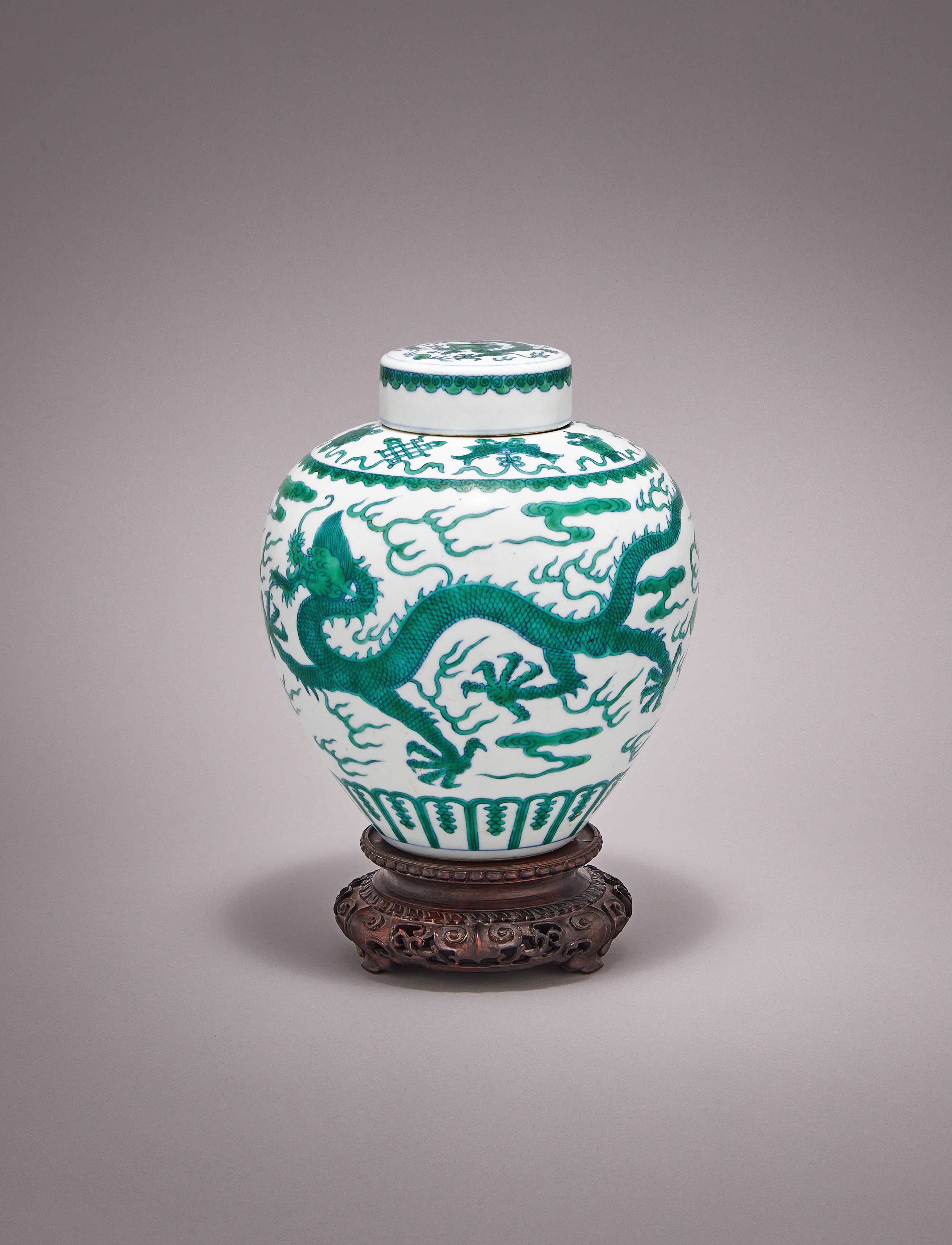 A Chinese green enamelled 'Dragon' jar and cover, Qianlong mark and of the period (1736-1795)