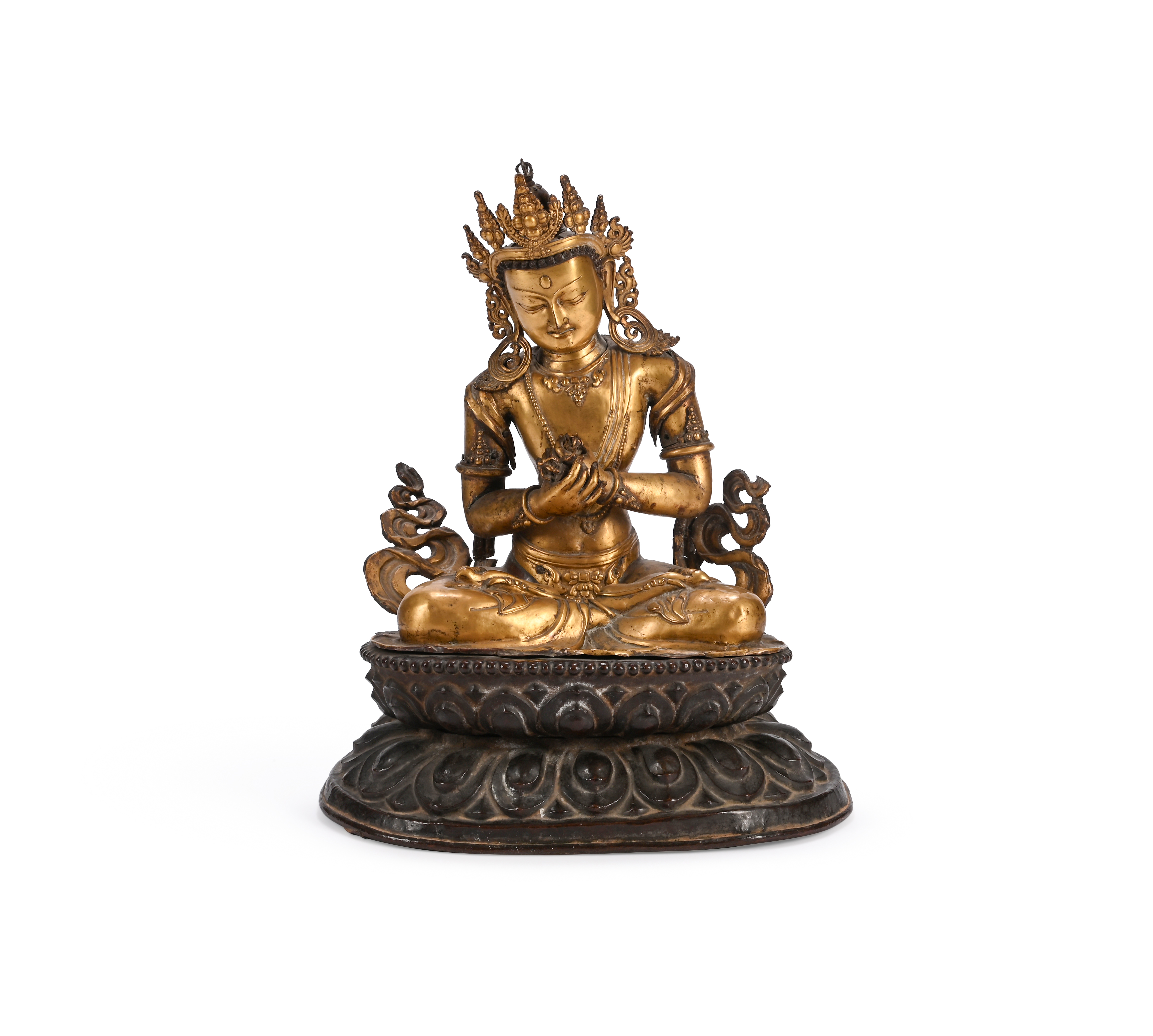 A copper-gilt repousse figure of Vajradhara, Tibet, 15th or 16th century