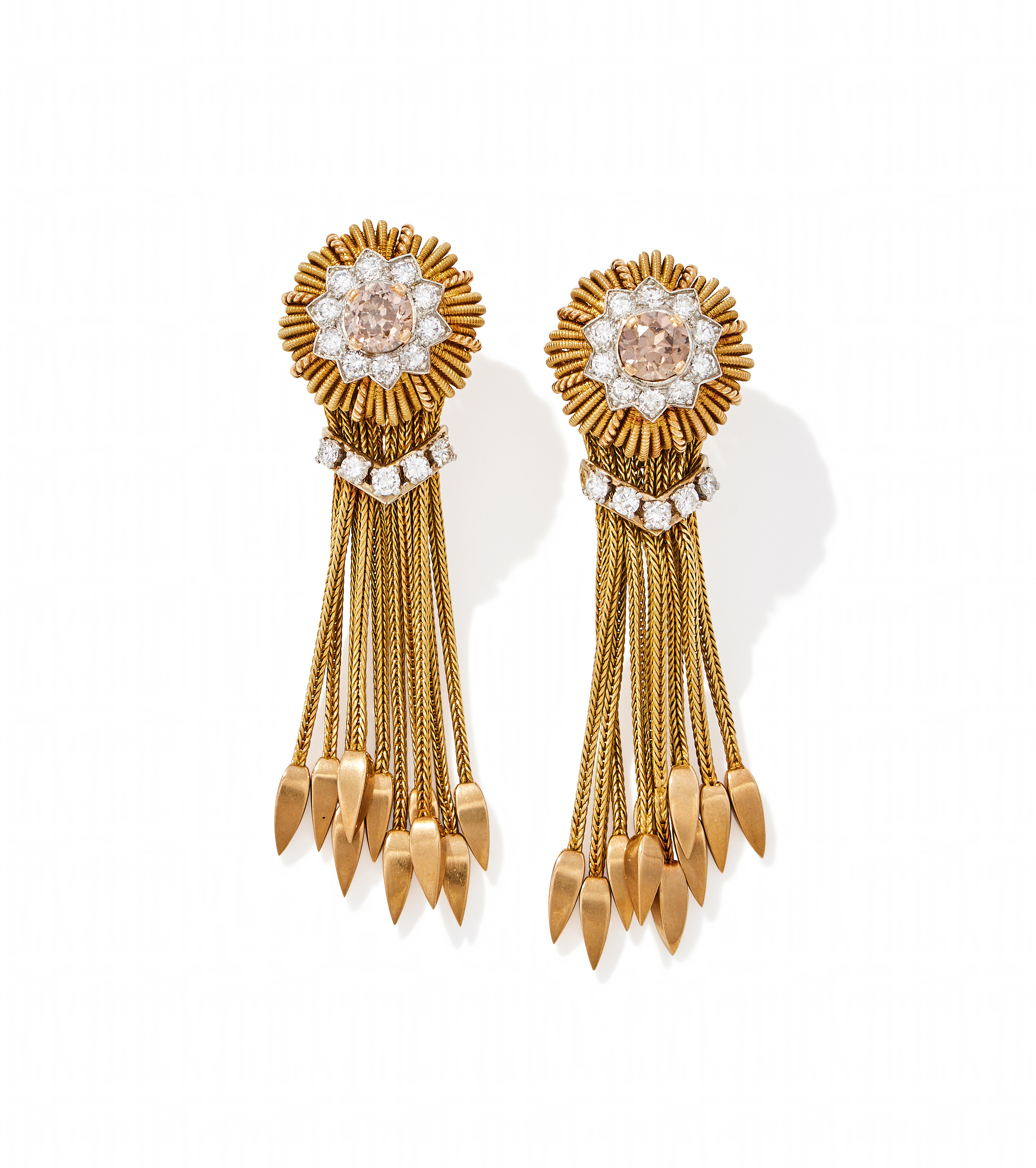 MARCHAK, A PAIR OF COLOURED DIAMOND AND DIAMOND PENDANT EARRINGS