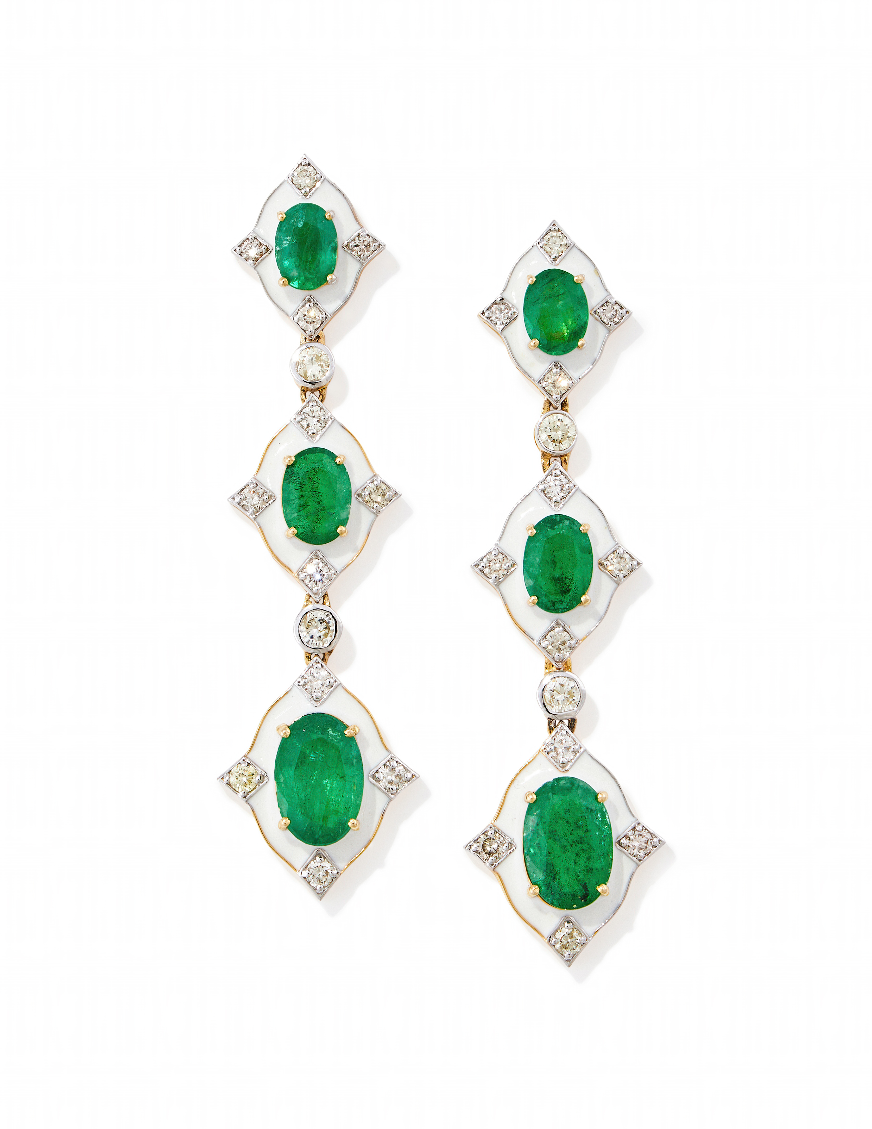 A PAIR OF EMERALD, DIAMOND AND ENAMEL PENDENT EARRINGS