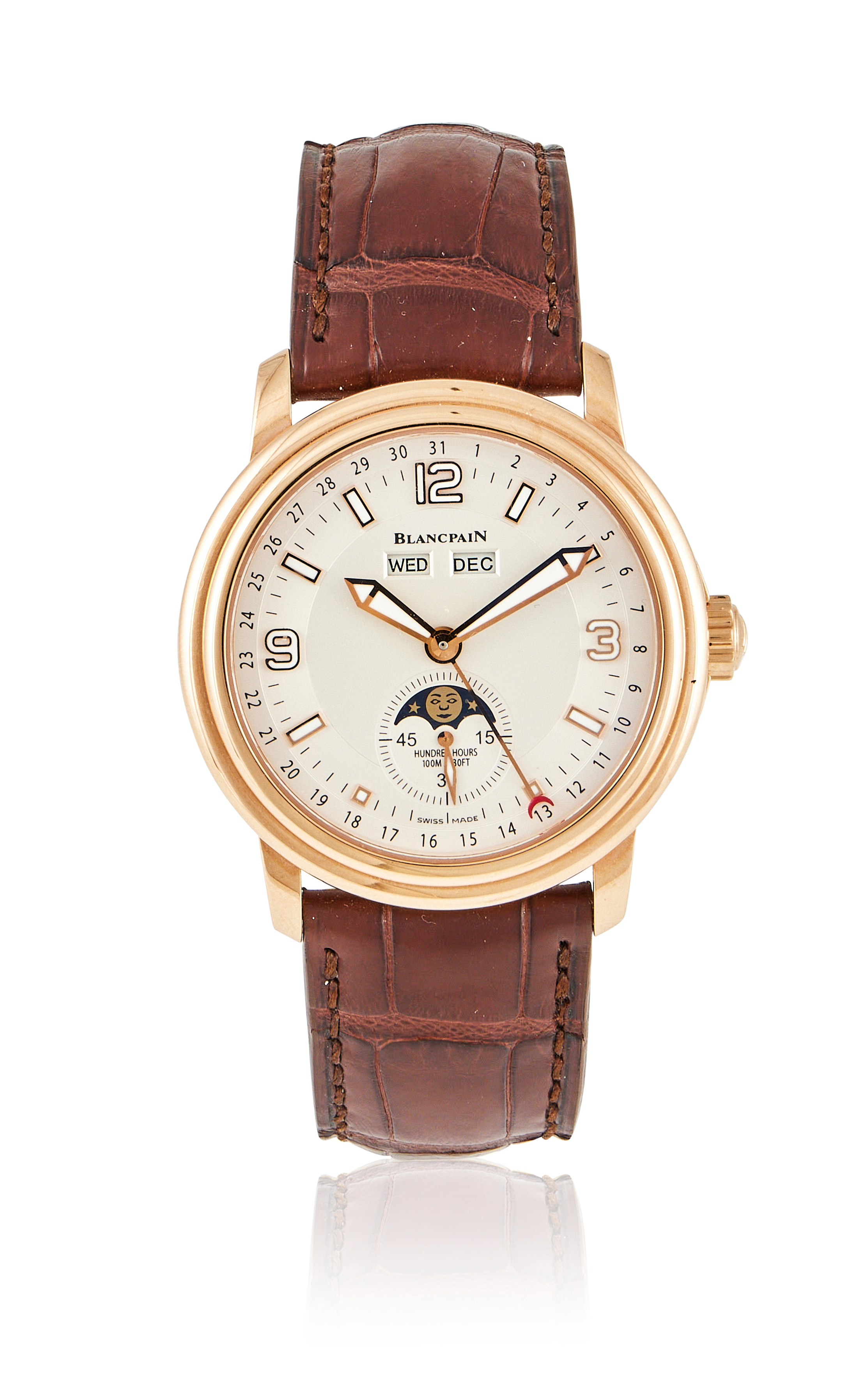 BLANCPAIN, LEMAN, AN 18 CARAT GOLD WRISTWATCH WITH TRIPLE CALENDAR AND MOONPHASE