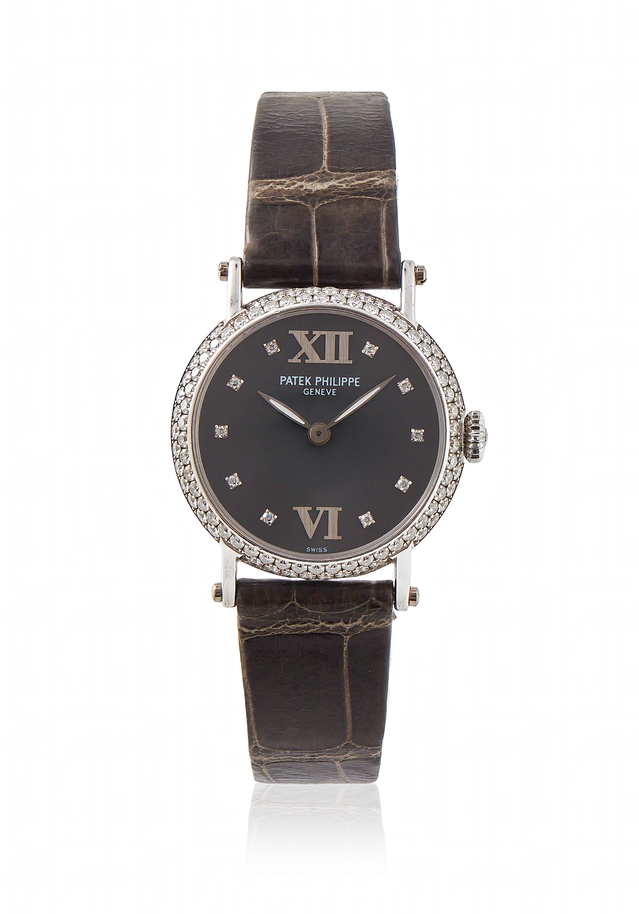 PATEK PHILIPPE, CALATRAVA, REF. 481G-001, LADY'S 18 CARAT WHITE GOLD AND DIAMOND WRIST WATCH