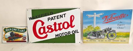 Castrol, Velocette and Main Line Flake Enamel and Tin Replica Signs.