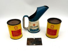 A One-Pint Shell Anti-Freeze Pourer Jug, Plus Small Shell Sign and Grease Cans  A larger one-pint