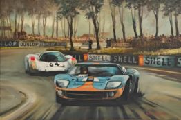 Dion Pears (British 1929-85) Ford GT40, Le Mans 1969 Acrylic on canvas depicting the close battle