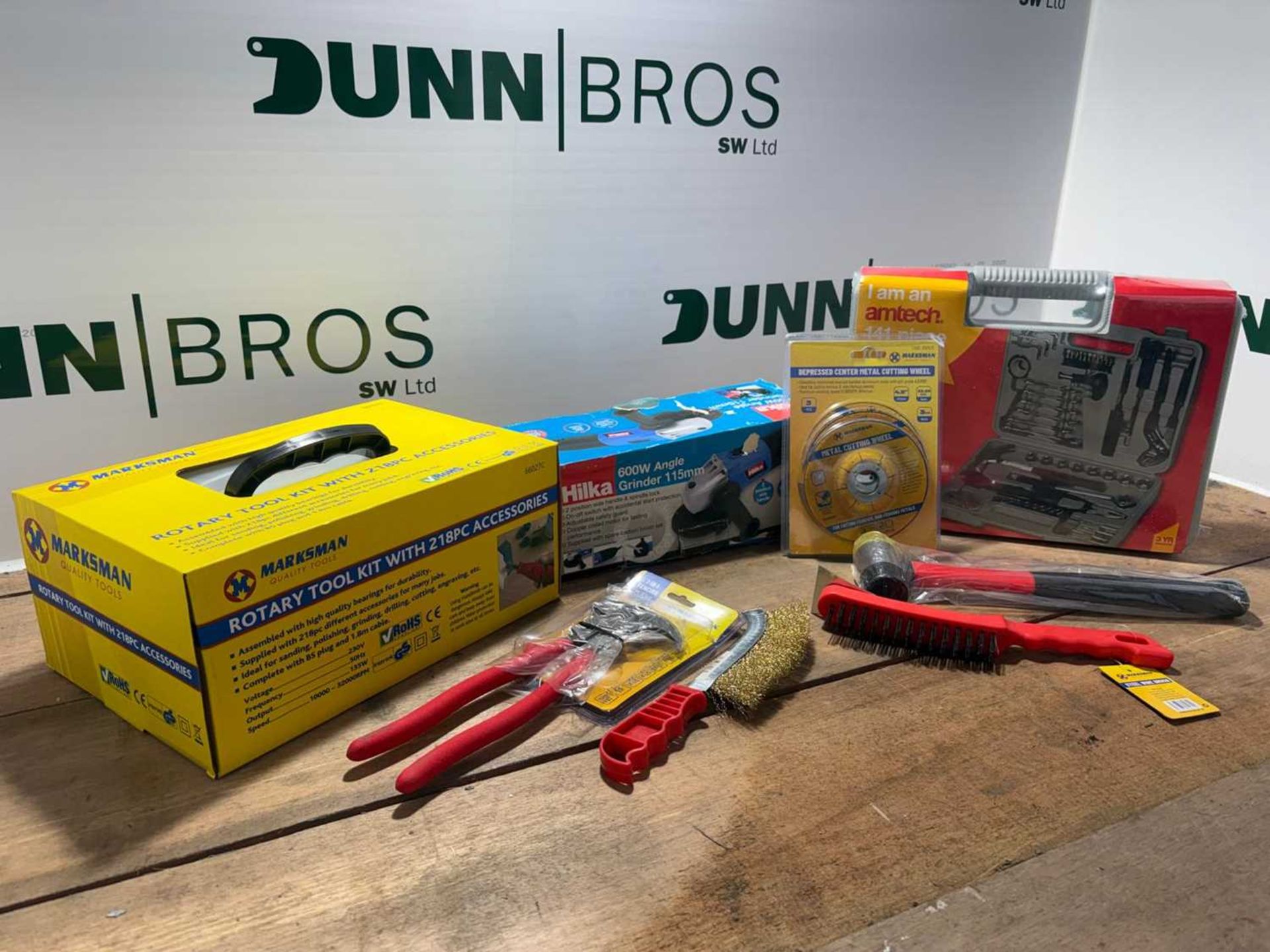 Unused Crate Of Misc Tools, Double Face Hammer, Electric 4.5" Angle Grinder, 2 Wire Brushes, Fencing