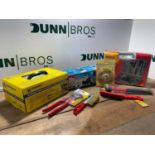 Unused Crate Of Misc Tools, Double Face Hammer, Electric 4.5" Angle Grinder, 2 Wire Brushes, Fencing