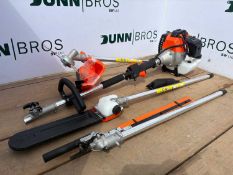 Unused Petrol Multi Tool With Strimmer Head, Blade, Hedge Cutter, Chain Saw Heads