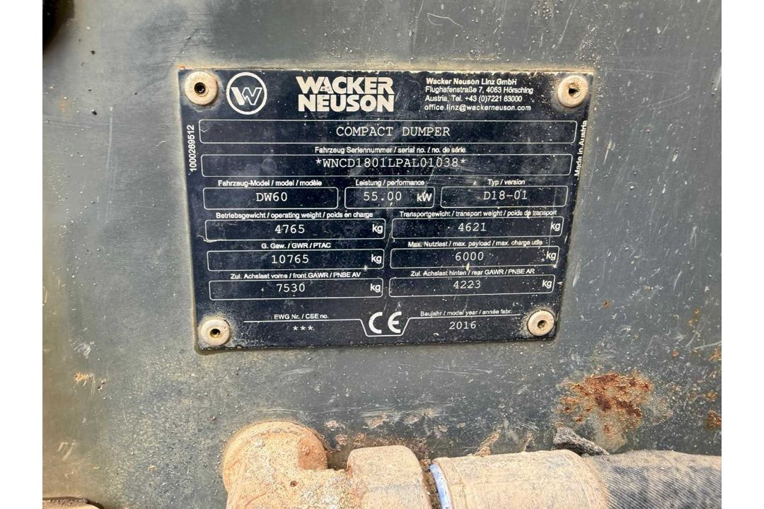 2016 Wacker Neuson DW60 6Ton 4WD Dumper, Enclosed Cab, Rear View Safety Camera, Hydrostatic Drive - Image 26 of 26