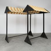 Set of 2 Wooden Market Stands with Yellow and White Striped Canopy