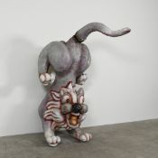 Vintage Fiberglass Carnival Sculpture of Lion Like Creature in Gray, White and Red