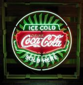 Large Ice Cold Coca-Cola Sold Here Neon Sign with Printed Back Plate