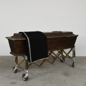 Vintage Wooden Coffin with Black Cover Cloth and Coffin Trolley