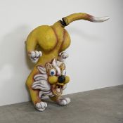 Vintage Fiberglass Carnival Sculpture of Lion Like Creature in Orange, White and Pink