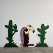 Lot of 3 Hand-painted Wooden Decoration Panels of 2 Cactuses and a Vulture