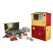 Large Wooden Puppet Theatre with Collection of Antique Hand Puppets and Other Props