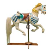 Wooden Stander Carousel Horse with Inlaid Plastic Gems on a Wooden Base with Metal Pole