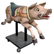 Wooden Jumper Carousel Pig on a Wooden Platform with Wheels
