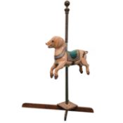 Small Wooden Carousel Menagerie Jumper Piglet on a Wooden Base with Metal Pole