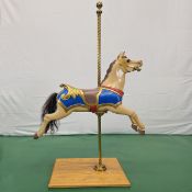 Small Wooden Jumper Carousel Horse on a Wooden Base with Metal Pole