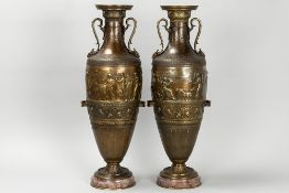 pair of Barbédienne signed neoclassical vases in a copper alloy with special patinas and with bas-re