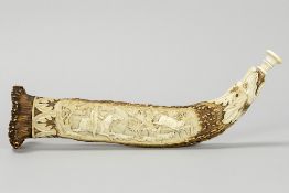 19th Cent. German powder horn made of a deer horn with a finely carved bas relief with hunting scene