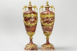 pair of Louis XV style covered urns in red marble and ormulu (gilded bronze)