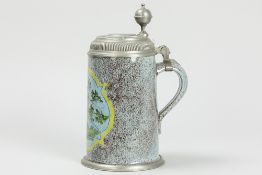 antique German beer mug in ceramic with a polychrome decor and lid in tin