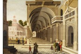 17th Cent. oil on panel with an animated architectural composition with people conversing in the gal