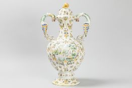 antique lidded vase in Moustiers marked ceramic with a polychrome decor