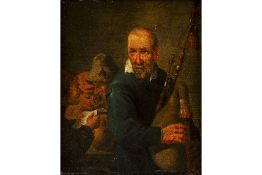 antique oil on panel in the manner of Teniers with a bagpipe player