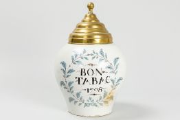 late 18th Cent. tobacco jar in ceramic with writing and date 1798 and its copper lid