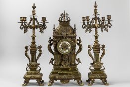 antique 3pc garniture in bronze with a pair of candelabra and a clock with Japy frêres signed work
