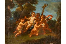 17th Cent. oil on canvas with Cupids around a cross with an annotation on the reverse "van der Nass"