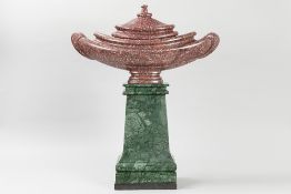 monumental late 19th-century so-called ‘navette’ in imperial Egyptian porphyry (66 cm wide) set on a