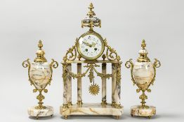 antique neoclassical 3pc garniture in marble and gilded bronze : a pair of covered urns and a clock 