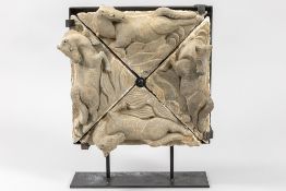 four Chinese Han period tomb ornaments mounted together, each with a bas relief representation of a