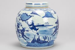 Chinese lidded ginger jar in porcelain with a blue-white decor with horsemen