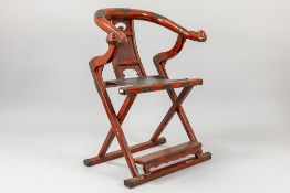 nice, antique Chinese folding chair in red lacquered wood with beautiful fittings and fine ornamenta
