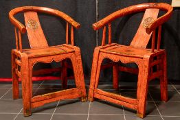 pair of antique Chinese armchairs in red lacquered wood