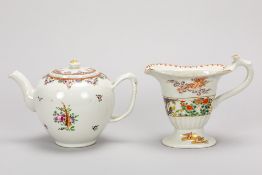 an 18th Cent. Chinese tea pot and jug in porcelain each with a polychrome floral decor