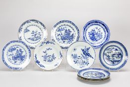 ten 18th Cent. Chinese plates in porcelain with blue-white decors  among which four pairs