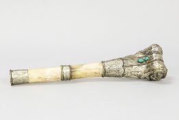 ritual sceptre in bone and metal with relief and two pcs of turquoise