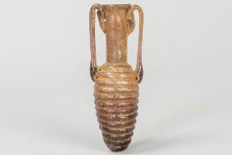 intact Ancient Roman aubergine glass amphoriskos with horizontal ribs from the Early Imperial Flavia
