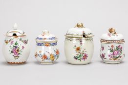 four 18th Cent. Chinese lidded musterd jars in porcelain with polychrome floral decors