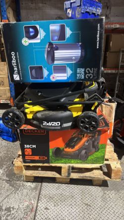 MIXED HOUSEHOLD PALLET INCL LAWN MOWERS AND ELECTRIC BINS