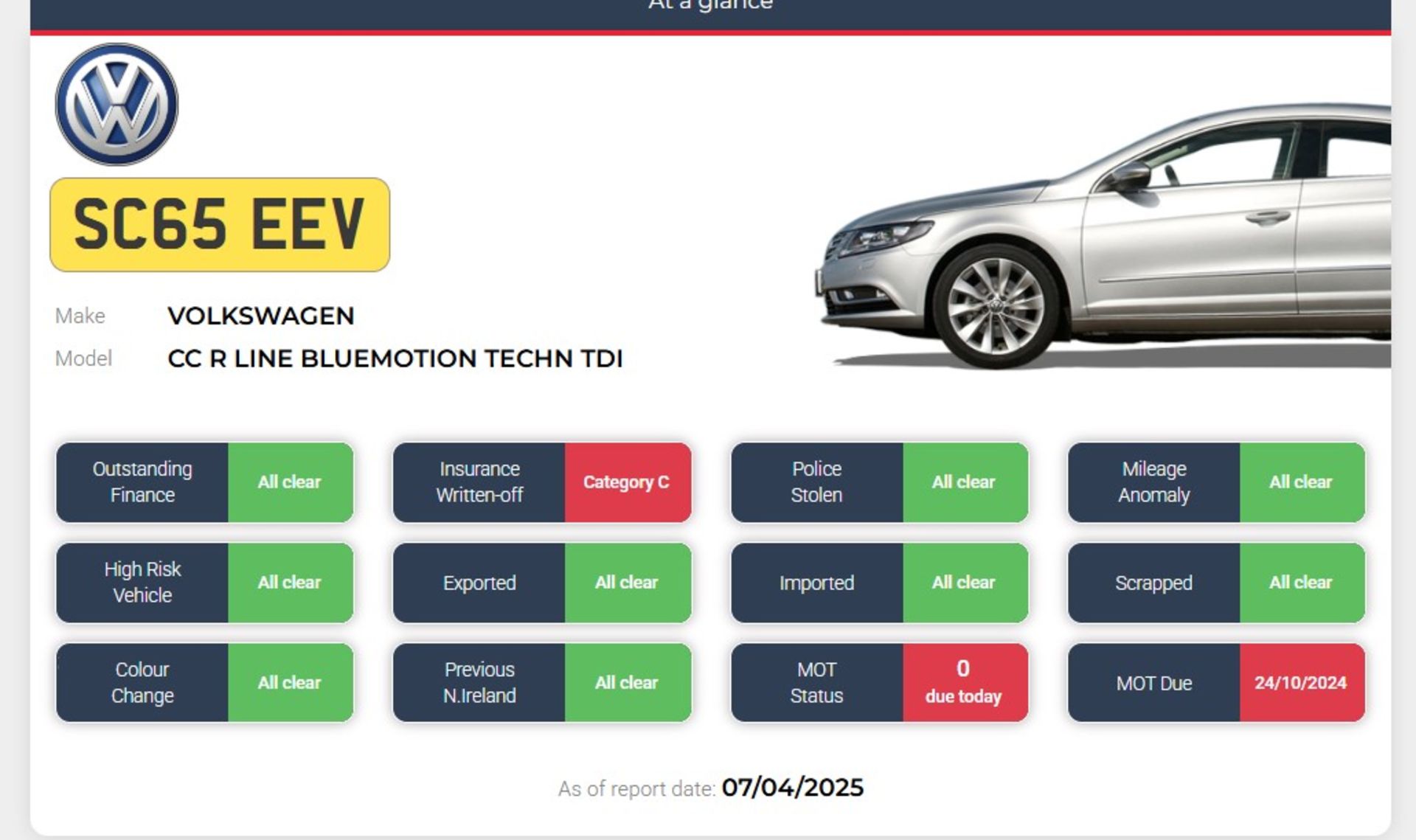 2015 VOLKSWAGEN CC R LINE BLUEMOTION TECH TDI – 2.0 DIESEL – MANUAL – SILVER – NO VAT ON HAMMER - Image 4 of 13