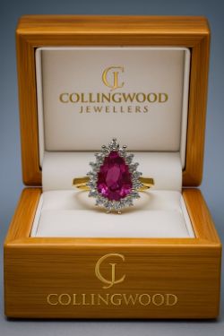 PEAR PINK TOURMALINE 7 0.30CT DIAMOND RING. 18CT YELLOW GOLD SIZE N INSUR VALUE CERTIFICATED £2490