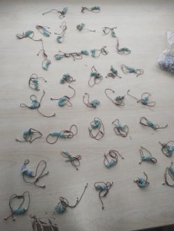 AQUAMARINE CRYSTAL CHIP BROWN COTTON ADJUSTABLE BRACELET JOB LOT OF 37- BRAND NEW