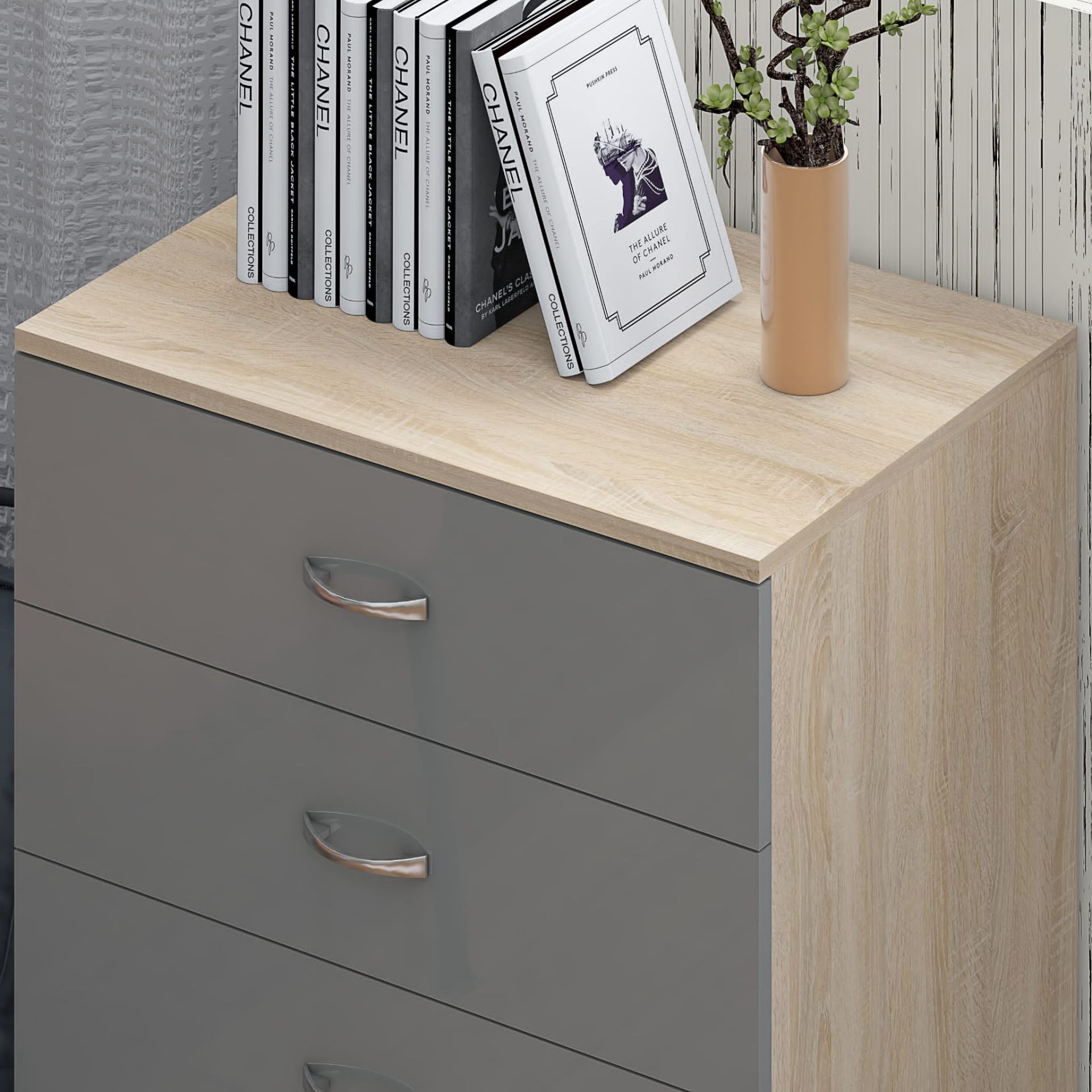 10 X 4 DRAWER CHESTS - HIGH GLOSS GREY ON SONOMA OAK FRAME BRAND NEW BOXED - Image 3 of 8
